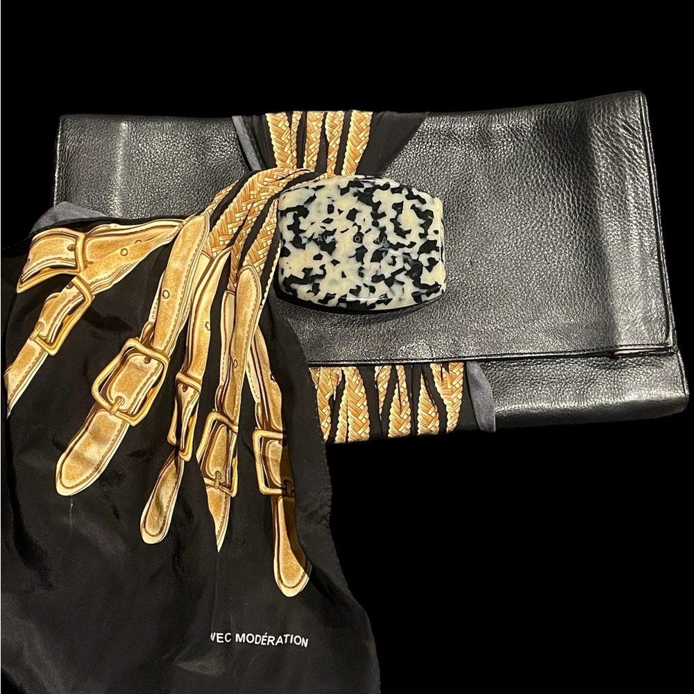 Avec Moderation Black Leather Clutch Bag with scarf style wrap